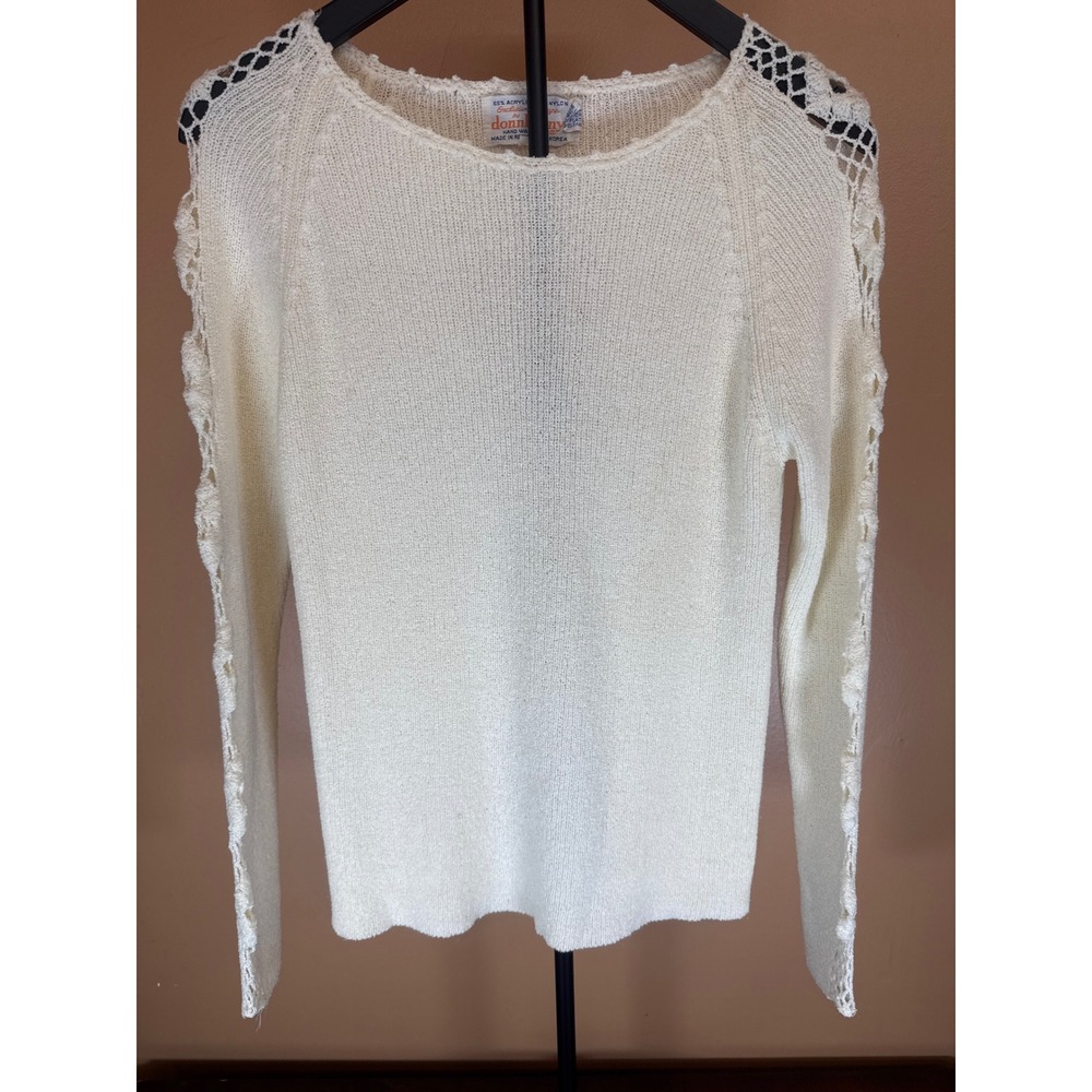 Vintage Donnkenny Cream Crochet Lace Sleeve Knit Sweater Womens Large Ivory Boho